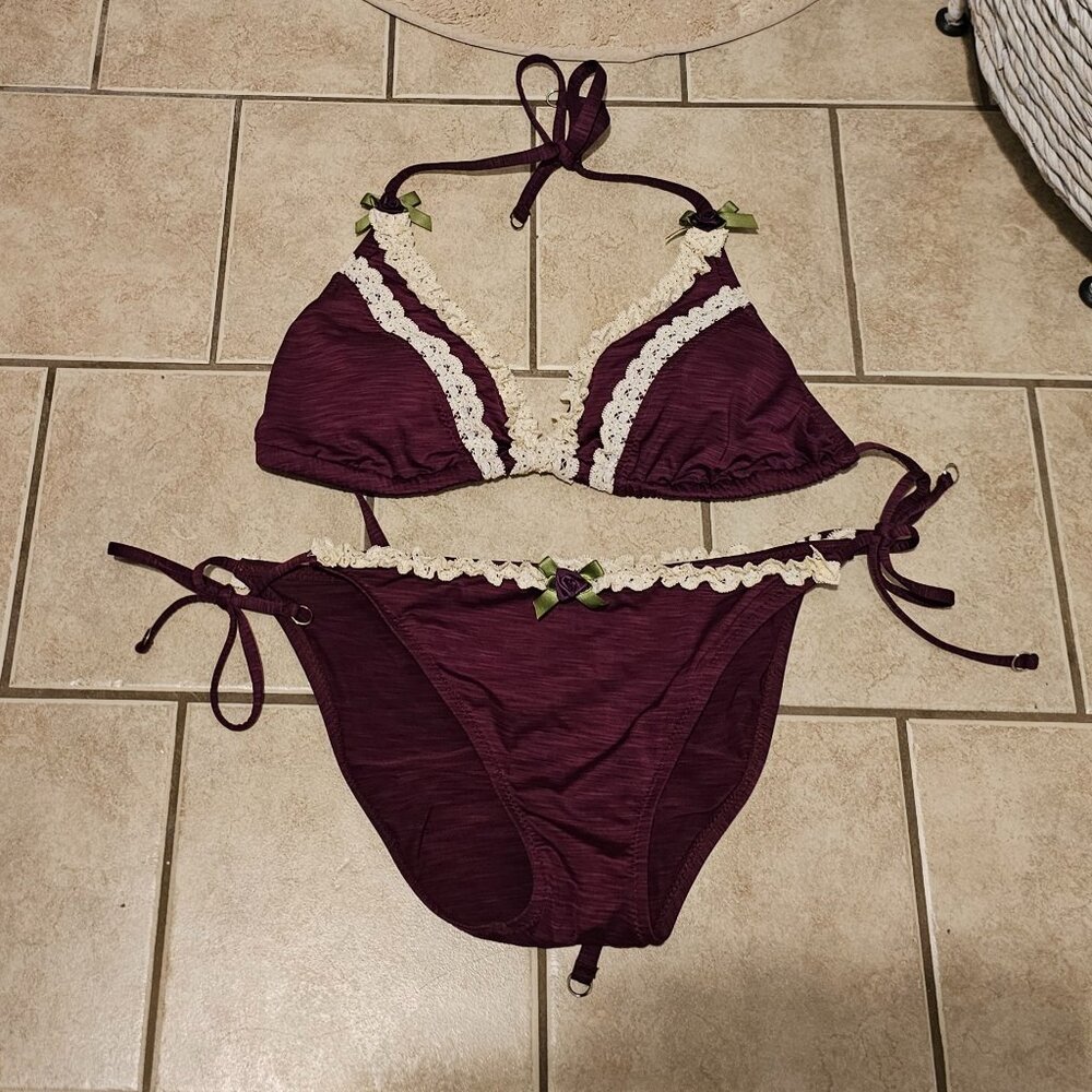 Everything But Water Plum and Cream Lace Bikini - Large - L